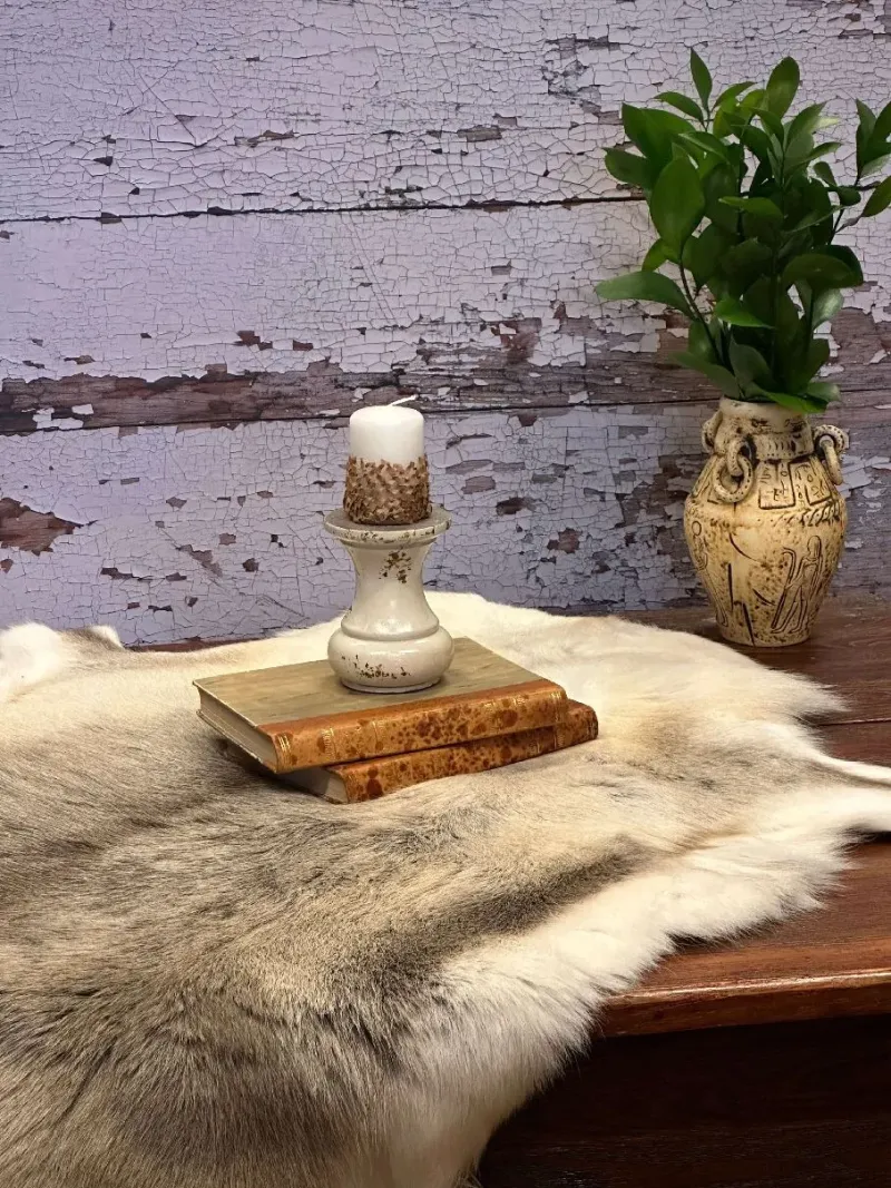 A light reindeer hide on a table with a candle and a plant