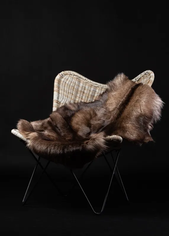 A dark reindeer hide draped over a rattan butterfly chair against a black background