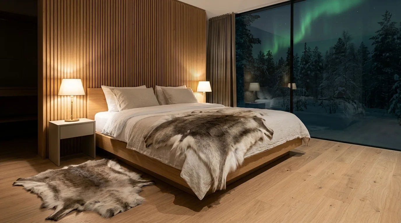 A reindeer hide across the foot of a bed and another on the floor, northern lights outside the window