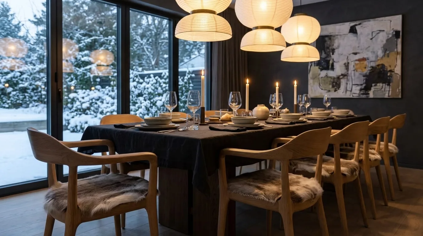 Reindeer hide seat covers on oak dining chairs around a candlelit table