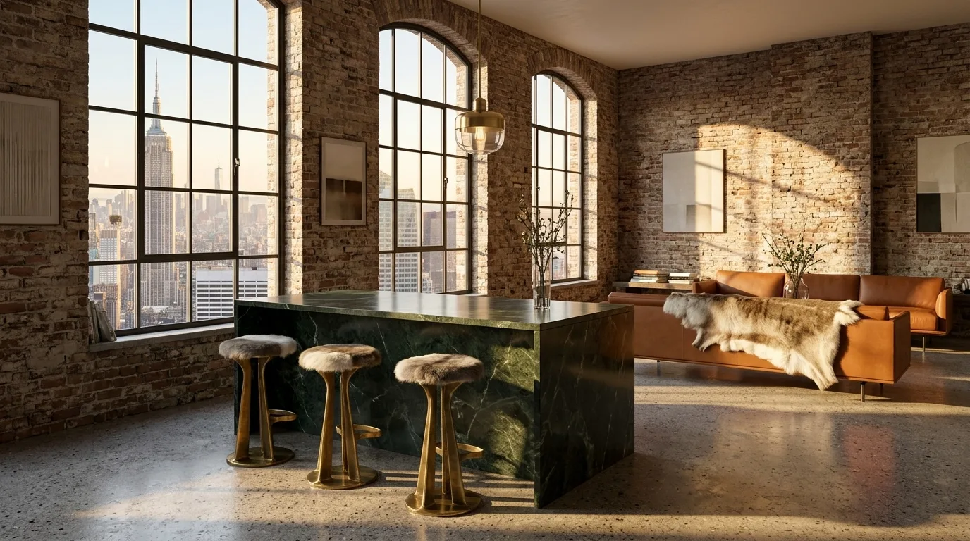 Reindeer hide seat covers on bar stools and a reindeer hide over a leather sofa in a brick loft