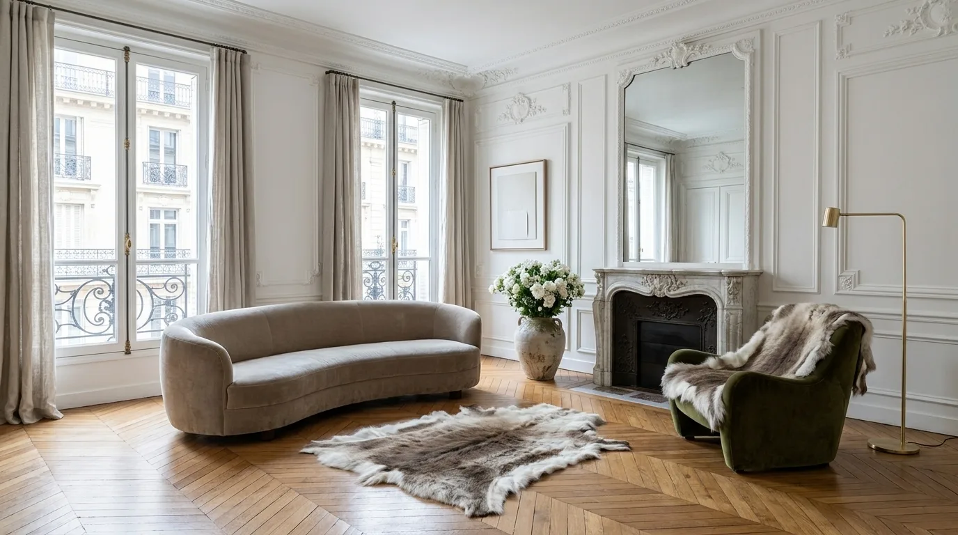 A reindeer hide on a herringbone parquet floor and another over an olive velvet armchair in a Paris apartment
