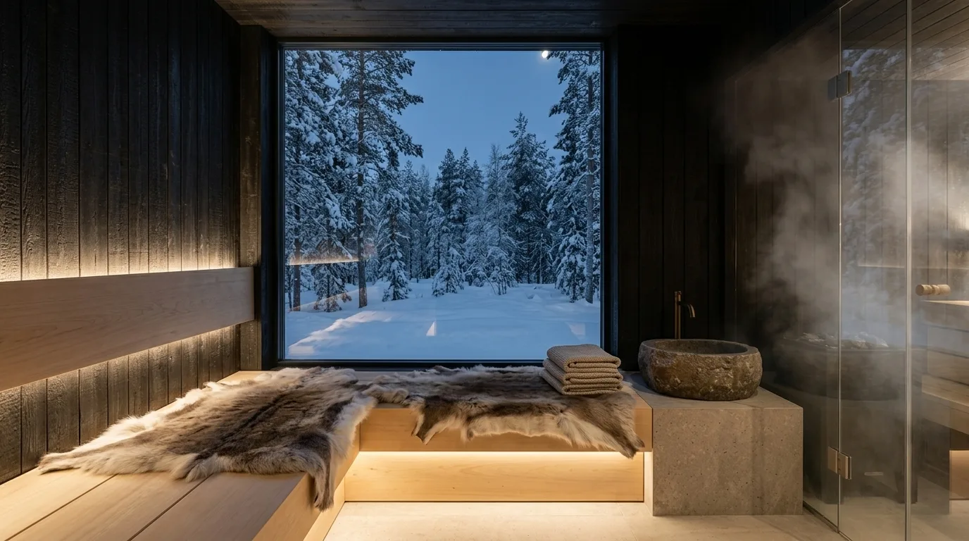 Two reindeer hides on a wooden bench in a dark spa lounge with a window onto a snowy forest