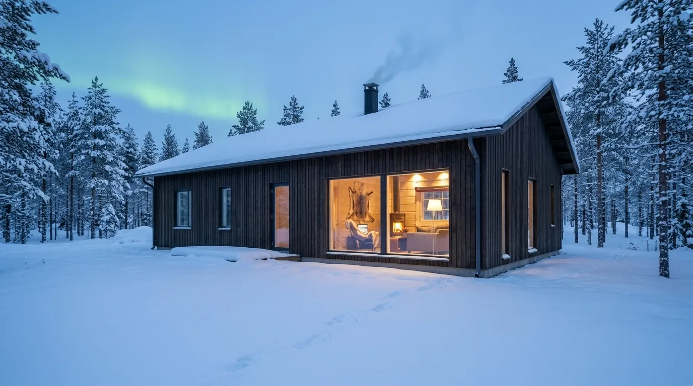A timber house in a snowy Lapland forest at dusk, a reindeer hide visible through the window, northern lights above