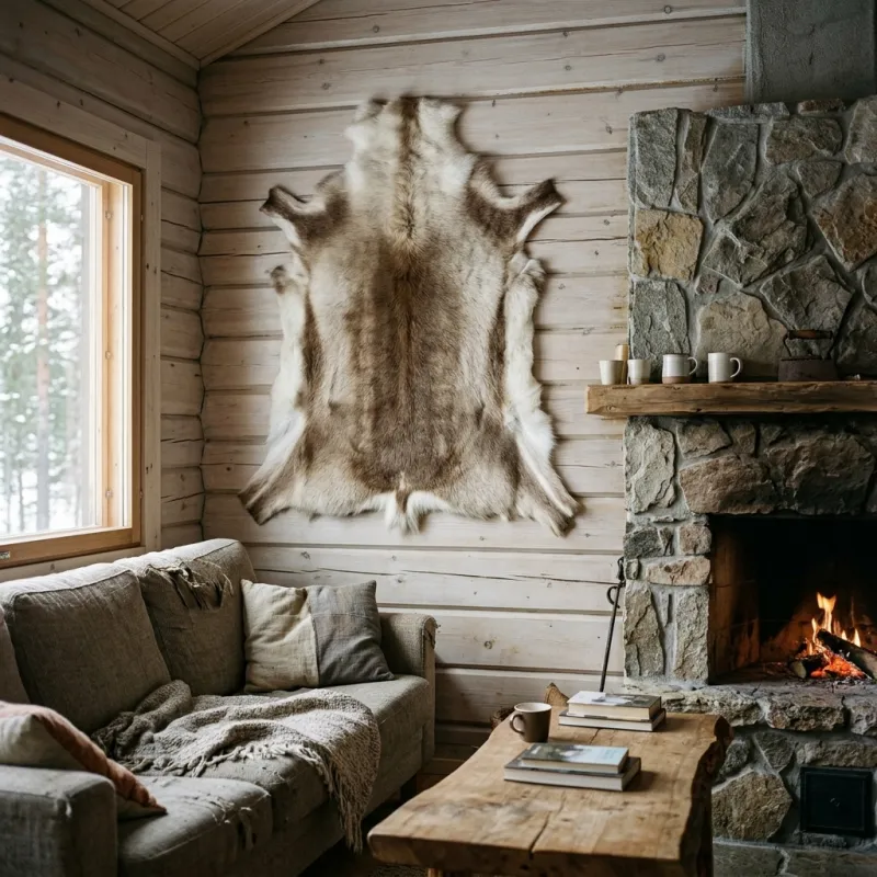 A reindeer hide on the log wall of a living room with a fireplace