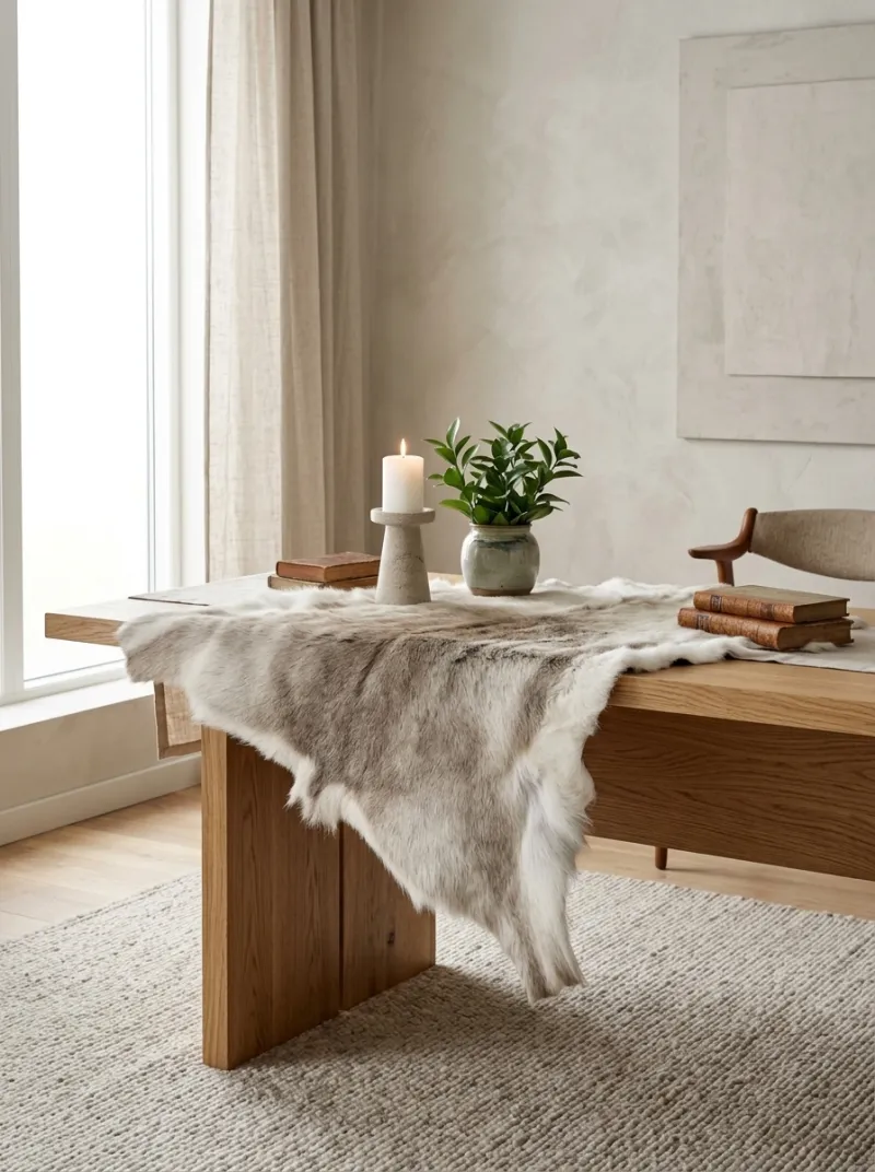 A light reindeer hide on a table with a candle and a plant