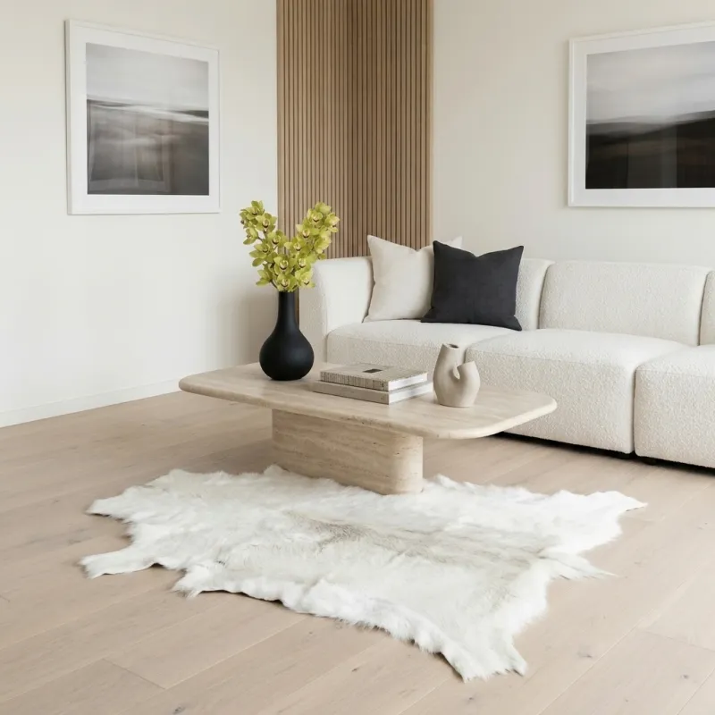A white reindeer hide on the floor in front of a white sofa