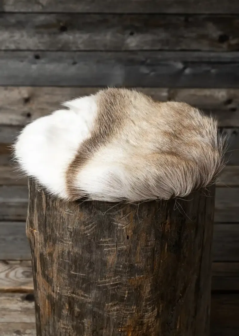 A white reindeer hide seat cover on a tree-stump stool